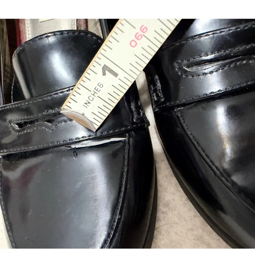 Y2K Heeled Penny Loafers Black Patent Leather Block Heel Shoes 8 Twee Preppy Mod_7